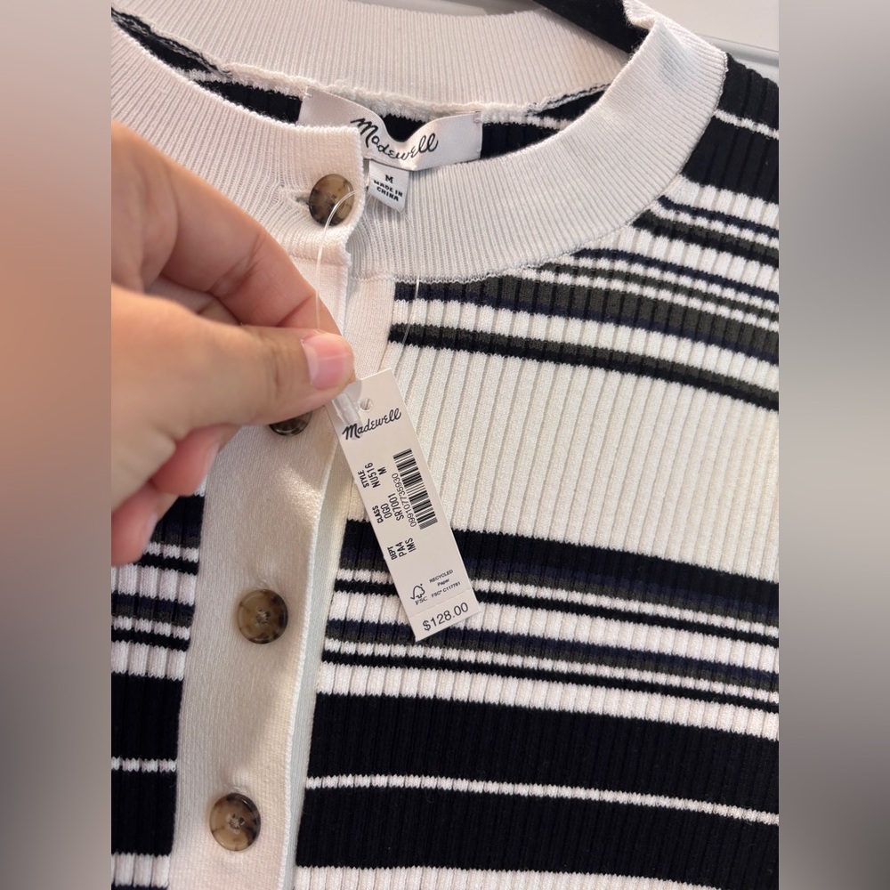 NWT Madewell Henley Sweater Striped Black and White Short Sleeve Dress - Picture 7 of 8